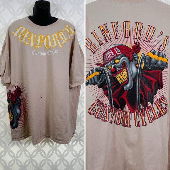 Binfords Custom Cycles Psycho Clown Manteca CA Big and Tall Graphic Tee Size 4XL - Picture 1 of 10